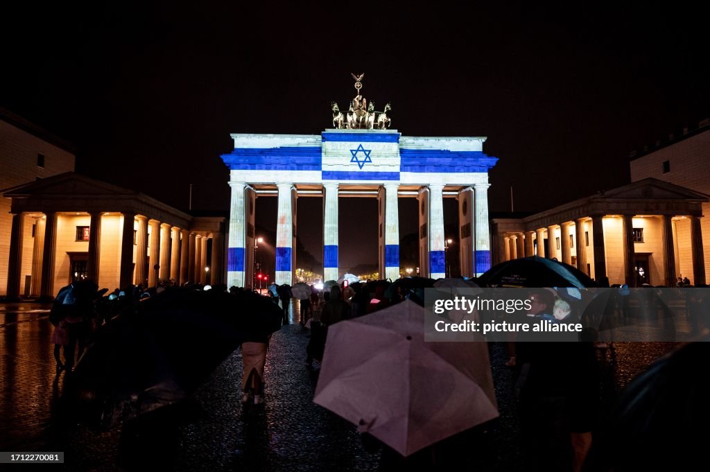 Brandenburg Gate illuminated with Israeli flag