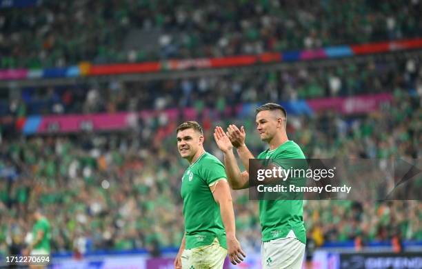 Paris , France - 7 October 2023; Jonathan Sexton, right, and Garry Ringrose of Ireland after the 2023 Rugby World Cup Pool B match between Ireland...