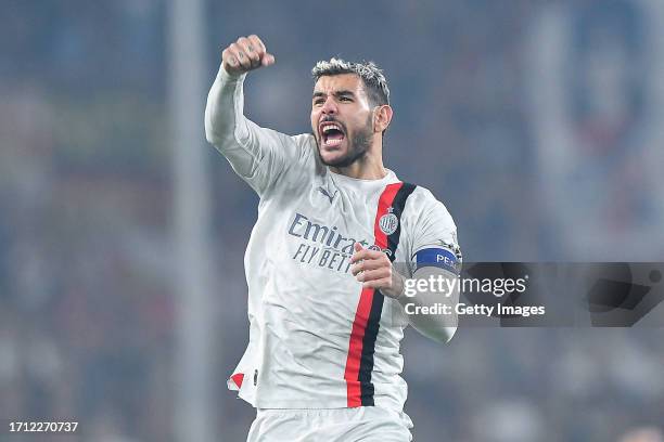 Theo Hernandez of Milan celebrates after Christian Pulisic of Milan scoring a goal during the Serie A TIM match between Genoa CFC and AC Milan at...