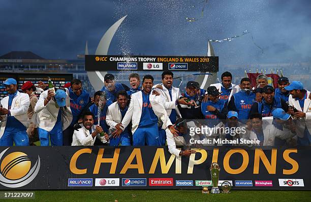The India squad celebrate their 5 run victory at the victory celebrations during the ICC Champions Trophy Final match between England and India at...