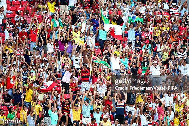 Fan cheer during the FIFA Confederations Cup Brazil 2013 Group B match between Uruguay and Tahiti at Arena Pernambuco on June 22, 2013 in Recife,...