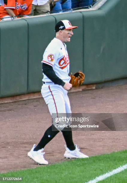 October 07: Baltimore Orioles left fielder Austin Hays reacts after making a diving catch during game 1 of the American League Divisional Series...