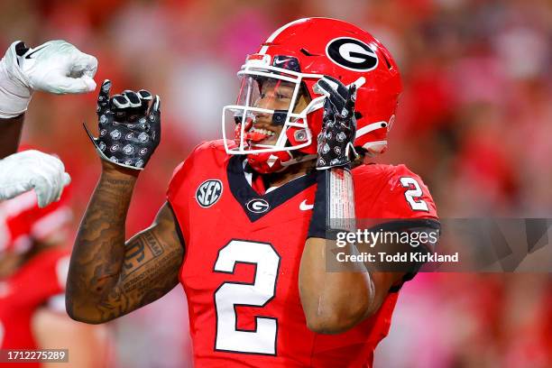 Kendall Milton of the Georgia Bulldogs celebrates a touchdown during the second quarter against the Kentucky Wildcats at Sanford Stadium on October...