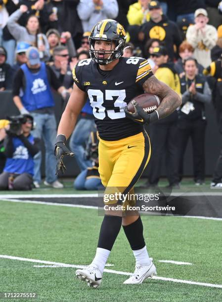 Iowa Hawkeyes tight end Erick All reacts after catching a pass during a college football game between the Purdue Boilermakers and the Iowa Hawkeyes...