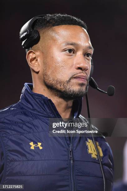 Notre Dame Fighting Irish Head Caoch Marcus Freeman looks on during the college football game between the Notre Dame Fighting Irish and the...