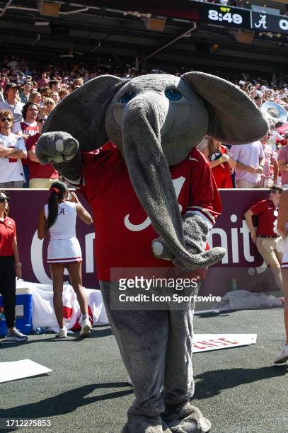 Crimson Tide mascot "Big Al" waves on the sideline near the endzone during the football game between the Alabama Crimson Tide and Texas A&M Aggies at...