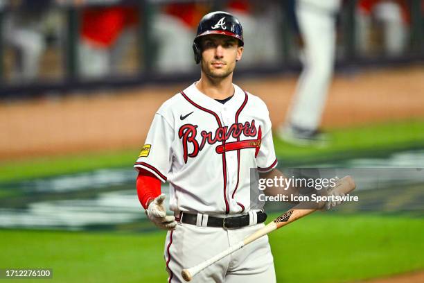 Atlanta first baseman Matt Olson reacts during game 1 of the NLDS between the Philadelphia Phillies and the Atlanta Braves on October 7th, 2023 at...