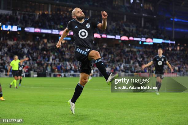 Teemu Pukki of Minnesota United celebrate his goal against Los Angeles Galaxy in the second half at Allianz Field on October 7, 2023 in St Paul,...