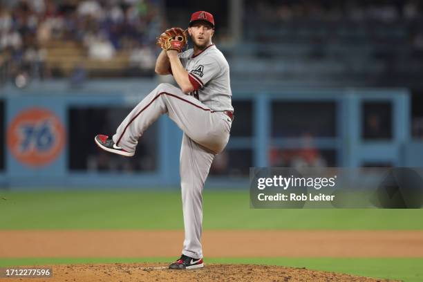 Merrill Kelly of the Arizona Diamondbacks pitches during Game 1 of the Division Series between the Arizona Diamondbacks and the Los Angeles Dodgers...