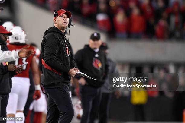 Louisville Cardinals Head Coach Jeff Brohm looks on during the college football game between the Notre Dame Fighting Irish and the Louisville...