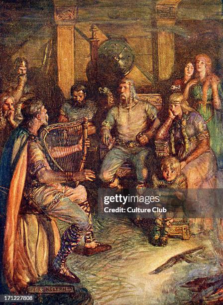 Celtic minstrels singing about the famous deeds of their heroes. Cymric / Welsh poets. Early Britain, circa 6th century. Late nineteenth / early...