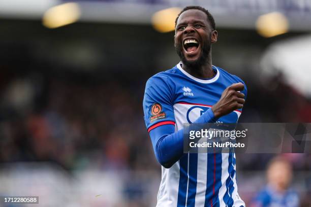 Hartlepool United's Mani Dieseruvwe celebrates after scoring their second goal during the Vanarama National League match between Hartlepool United...