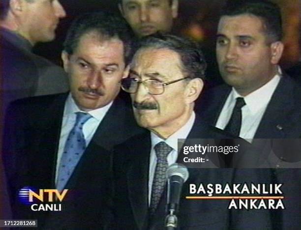 Picture grabbed on Turkish television NTV showing Turkish Prime Minister Bulent Ecevit addressing journalists 12 November 1999 in Ankara after a...