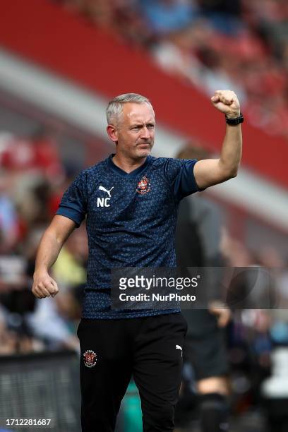 Neil Critchley manager of Blackpool celebrates the first Blackpool goal during the Sky Bet League 1 match between Charlton Athletic and Blackpool at...