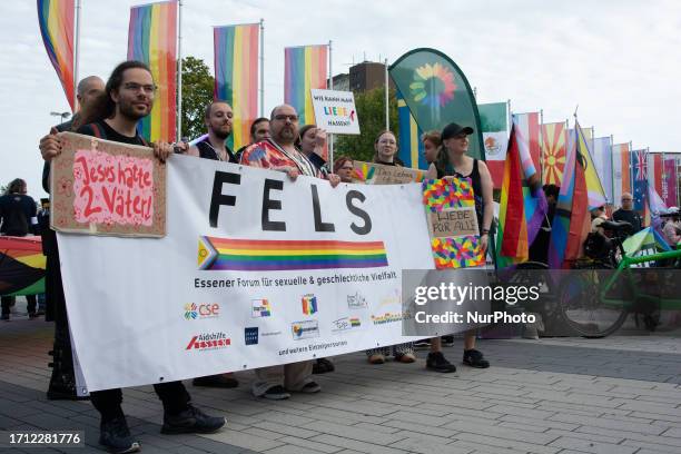 A hundred protesters gather in front of Essen exhbition center during the beginning of Essen 2023 festival of hope with Franklin graham and protest...