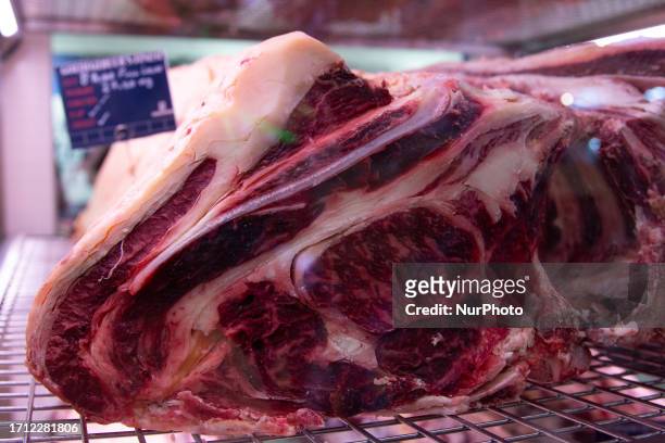 General view of raw meat is being displayed at the opening of the Anuga food fair at the Cologne exhibition center in Cologne, Germany, on October 7,...
