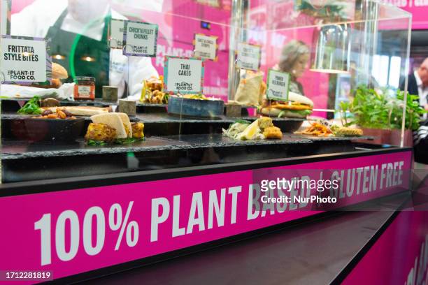 General view of plant-based food being served is seen during the opening of the Anuga food fair at the Cologne exhibition center in Cologne, Germany,...