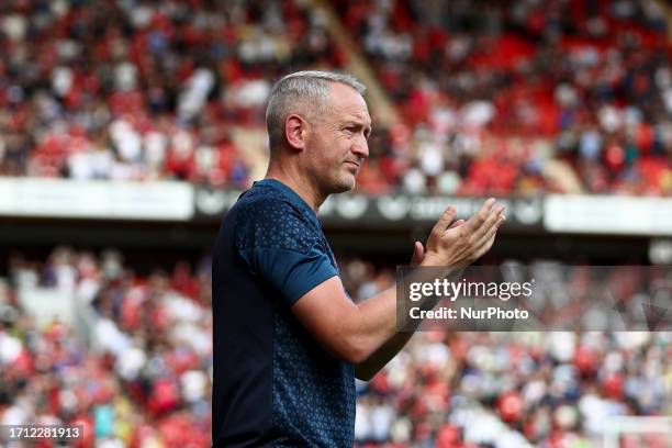 Neil Critchley manager of Blackpool during the Sky Bet League 1 match between Charlton Athletic and Blackpool at The Valley, London on Saturday 7th...