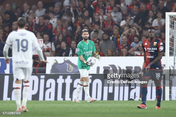 Olivier Giroud of AC Milan in action as goalkeeper after Mike Maignan was sent off during the Serie A TIM match between Genoa CFC and AC Milan at...