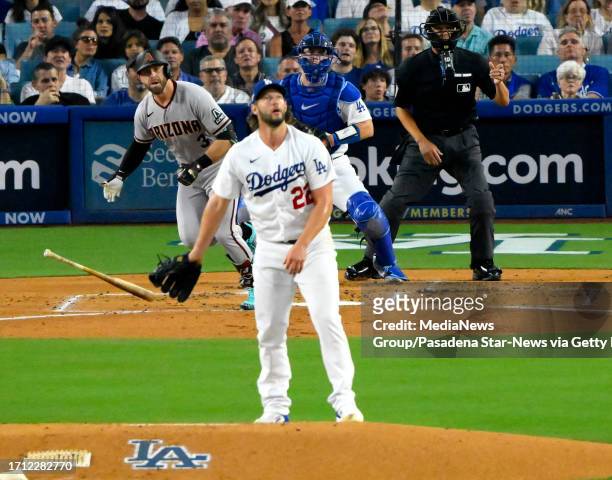Los Angeles, CA Evan Longoria of the Arizona Diamondbacks hits a RBI double against starting pitcher Clayton Kershaw of the Los Angeles Dodgers in...