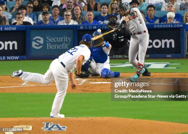 Los Angeles, CA Evan Longoria of the Arizona Diamondbacks hits a RBI double against starting pitcher Clayton Kershaw of the Los Angeles Dodgers in...