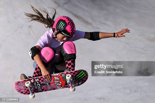 Arisa Trew of Australia competes in the semifinals of the 2023 Skateboarding Park World Championship women's, a qualifying event for Paris Olympic...