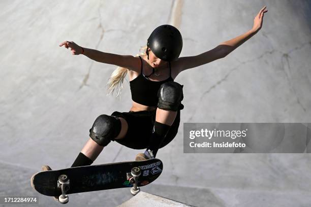 Lillian Erickson of United States competes in the semifinals of the 2023 Skateboarding Park World Championship women's, a qualifying event for Paris...