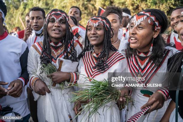 Women dressed in traditional clothing gather for the celebration of Irreecha, the Oromo people thanksgiving holiday in Bishoftu, Ethiopia, on October...