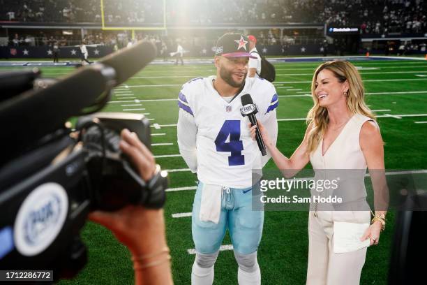 Dak Prescott of the Dallas Cowboys gets interviewed by Erin Andrews after his team's 38-3 win against the New England Patriots at AT&T Stadium on...