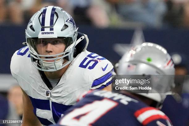 Leighton Vander Esch of the Dallas Cowboys looks on during the third quarter against the New England Patriots at AT&T Stadium on October 01, 2023 in...