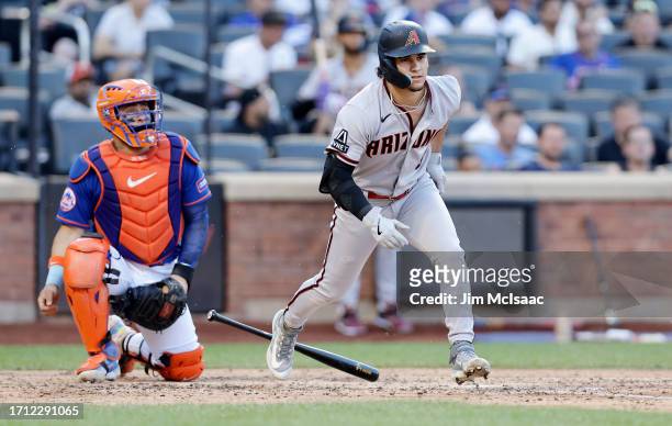 Alek Thomas of the Arizona Diamondbacks in action against the New York Mets at Citi Field on September 14, 2023 in New York City. The Mets defeated...