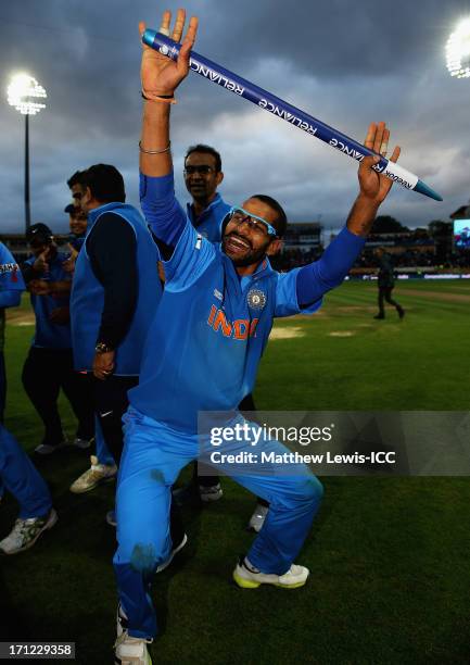 Shikhar Dhawan of India celebrates his teams win over England during the ICC Champions Trophy Final between England and India at Edgbaston on June...