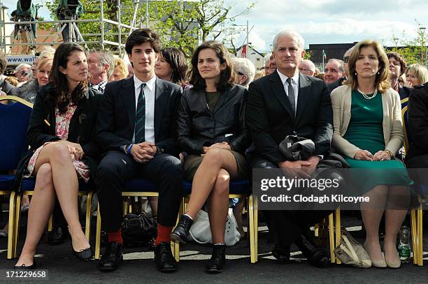 Tatiana Schlossberg, Jack Schlossberg, Rose Schlossberg, Edwin Schlossberg and Caroline Kennedy attend a ceremony to commemorate the 50th anniversary...