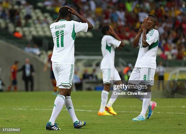 Mohammed Gambo and Brown Ideye of Nigeria react after a missed chance during the FIFA Confederations Cup Brazil 2013 Group B match between Nigeria...