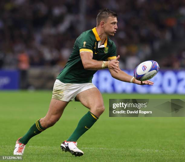 Handre Pollard of South Africa passes the ball during the Rugby World Cup France 2023 Pool B match between South Africa and Tonga at Stade Velodrome...