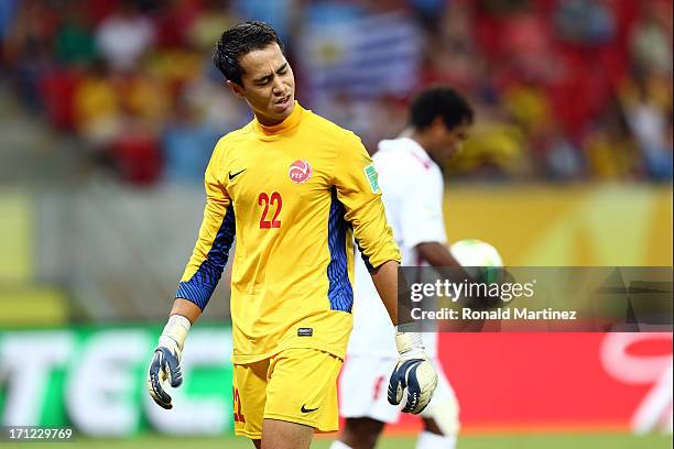 Gilbert Meriel of Tahiti reacts during the FIFA Confederations Cup Brazil 2013 Group B match between Uruguay and Tahiti at Arena Pernambuco on June...