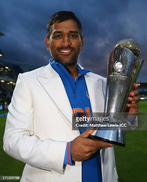 Dhoni, Captain of India celebrates his teams win over England during the ICC Champions Trophy Final between England and India at Edgbaston on June...