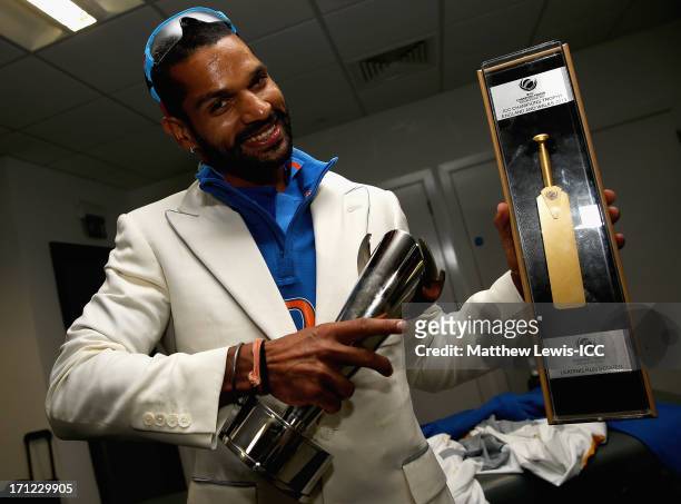 Shikhar Dhawan of India celebrates his teams win over England during the ICC Champions Trophy Final between England and India at Edgbaston on June...
