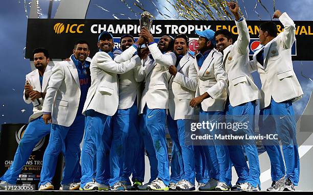 India celebrate winning the ICC Champions Trophy Final between England and India at Edgbaston on June 23, 2013 in Birmingham, England.