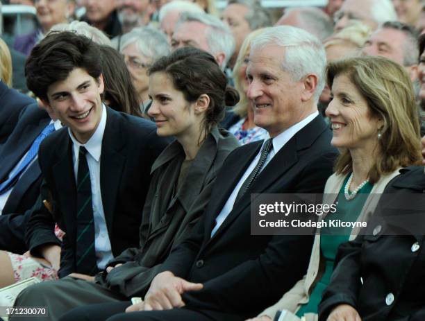 Jack Schlossberg, Rose Schlossberg, Edwin Schlossberg and Caroline Kennedy attend a ceremony to commemorate the 50th anniversary of the visit by US...