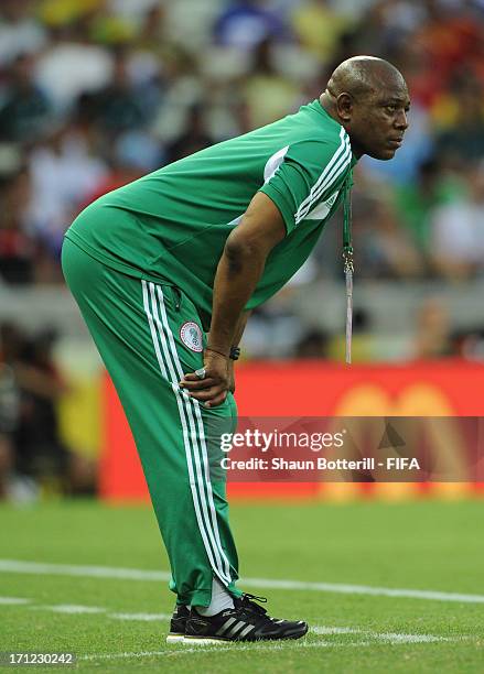 Stephen Keshi head coach of Nigeria looks on during the FIFA Confederations Cup Brazil 2013 Group B match between Nigeria and Spain at Castelao on...