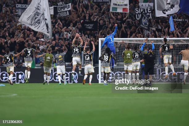 Players of Juventus Fc celebrate after winning the Serie A TIM match between Juventus and Torino FC on October 7, 2023 in Turin, Italy.