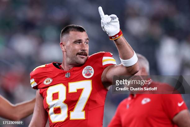 Travis Kelce of the Kansas City Chiefs looks on prior to the game New York Jets at MetLife Stadium on October 01, 2023 in East Rutherford, New Jersey.