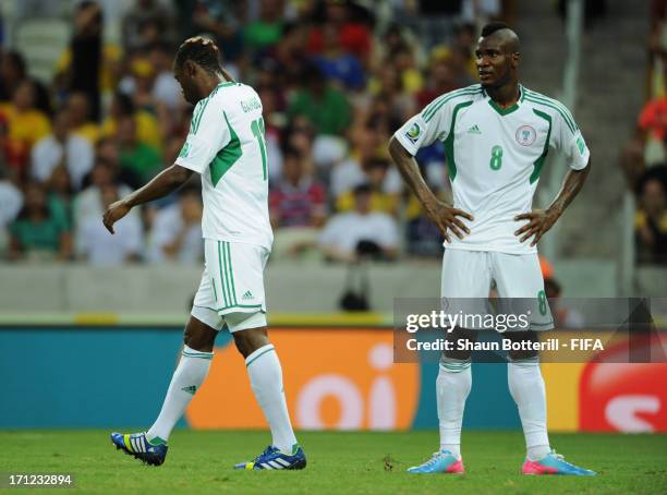 Mohammed Gambo and Brown Ideye of Nigeria react after a missed chance during the FIFA Confederations Cup Brazil 2013 Group B match between Nigeria...