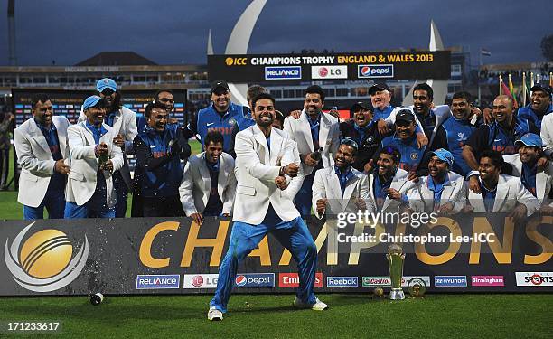 Virat Kohli of India dances in front of the winners board as the India team celebrate winning the Champions Trophy during the ICC Champions Trophy...