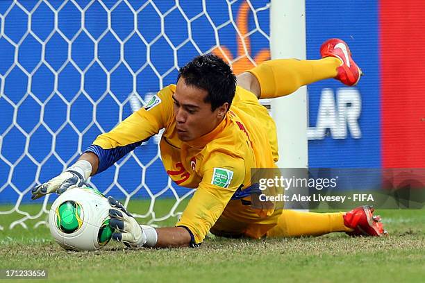 Gilbert Meriel of Tahiti makes a save on a penalty kick during the FIFA Confederations Cup Brazil 2013 Group B match between Uruguay and Tahiti at...