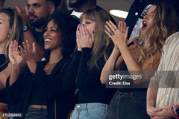 Singer Taylor Swift and Actor Blake Lively cheer prior to the game between the Kansas City Chiefs and the New York Jets at MetLife Stadium on October...