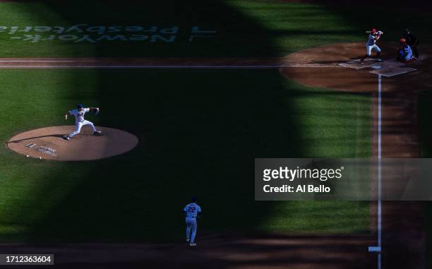 Jose Butto of the New York Mets pitches against Brandon Marsh of the Philadelphia Phillies during their game at Citi Field on October 01, 2023 in New...