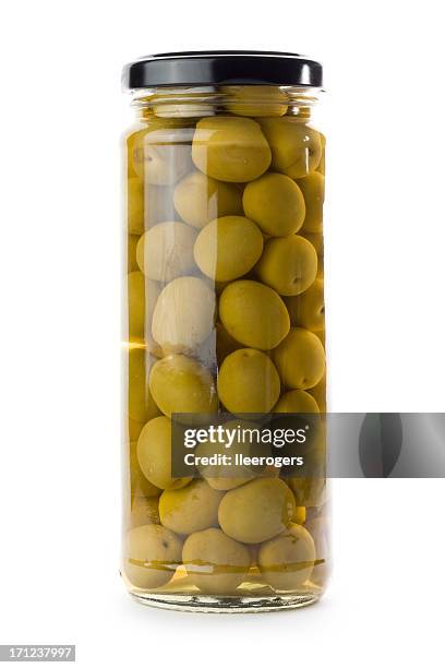 glass jar of green olives isolated on a white background - green olive fruit stock pictures, royalty-free photos & images