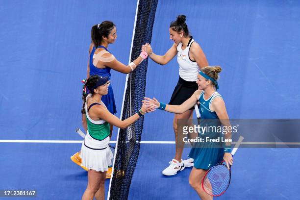 Marie Bouzkova of the Czech Republic and Sara Sorribes Tormo of Spain celebrate winning championship point during the Women's double Final match...